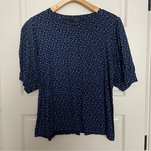 Ann Taylor Navy Blue Floral Print Short Sleeve Blouse
